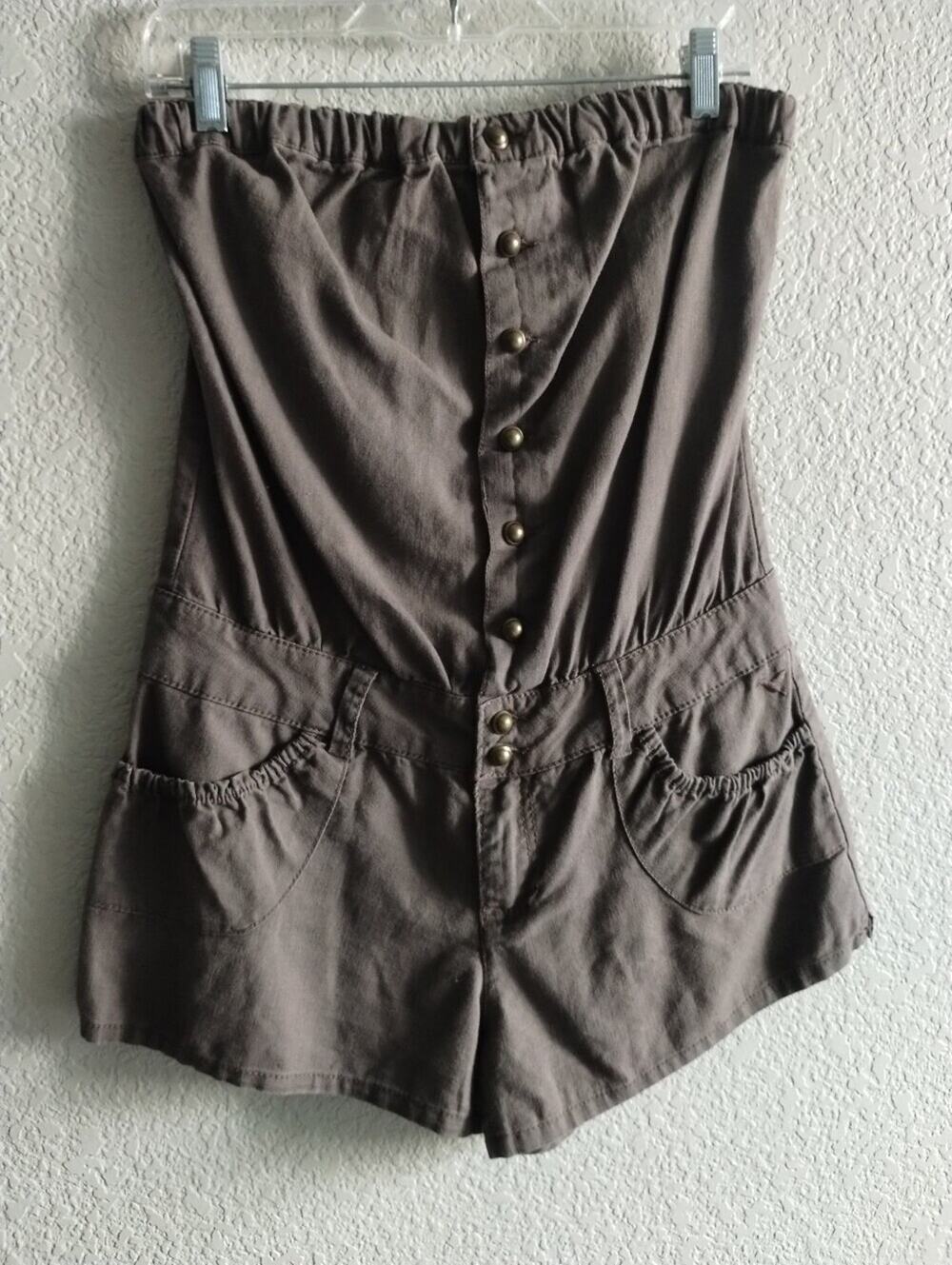 Anthropologie Grane Kindal Linen Cotton Olive Strapless Pocketed Shorts Romper L